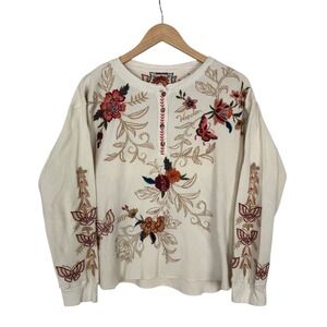 Johnny Was Taline Floral Embroidered Waffle Knit Thermal Henley Top Size L Boho
